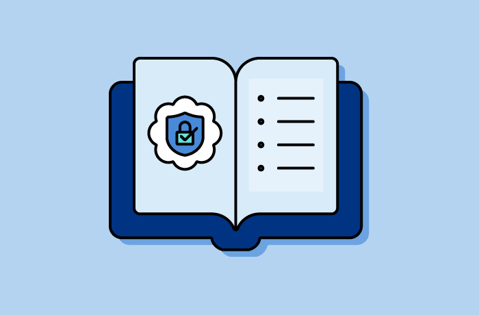 icon of book with security content and bulleted list