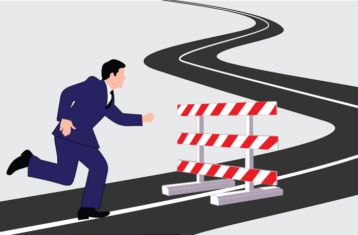 illustration of business person running on a road and facing a barrier