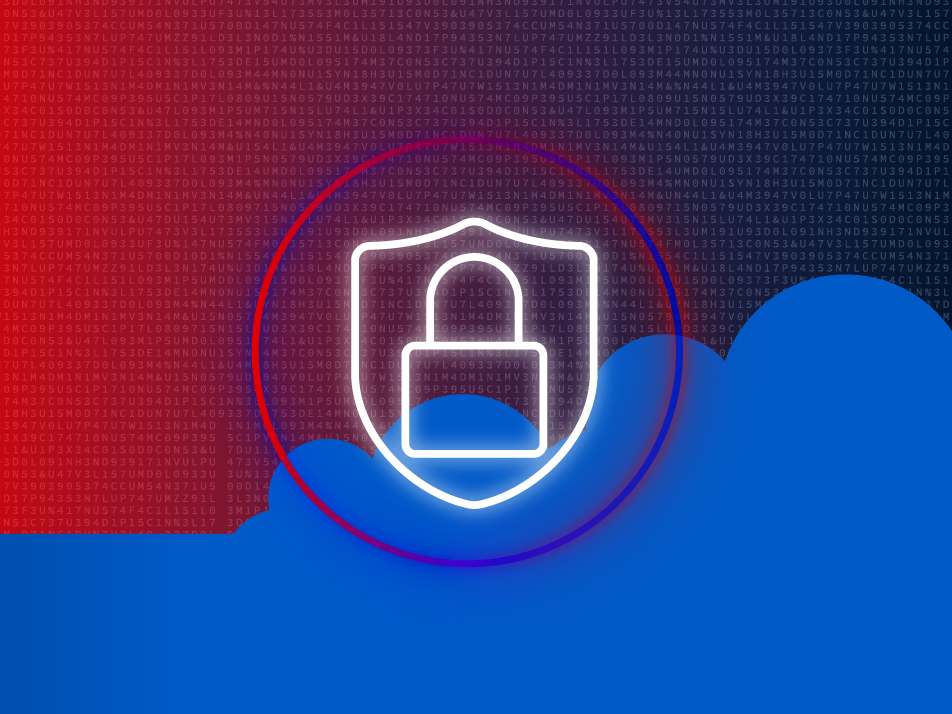 A circled shield icon with a lock in the center over a digital background