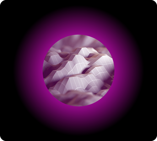 a 3-D model of mountains surrounded by a glowing purple circle