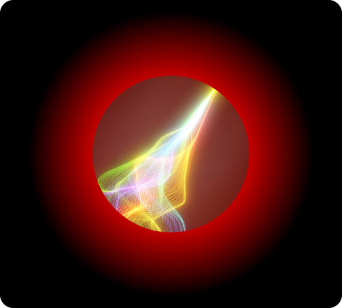 multi-colored lines intertwined with a red glowing circle surrounding it 